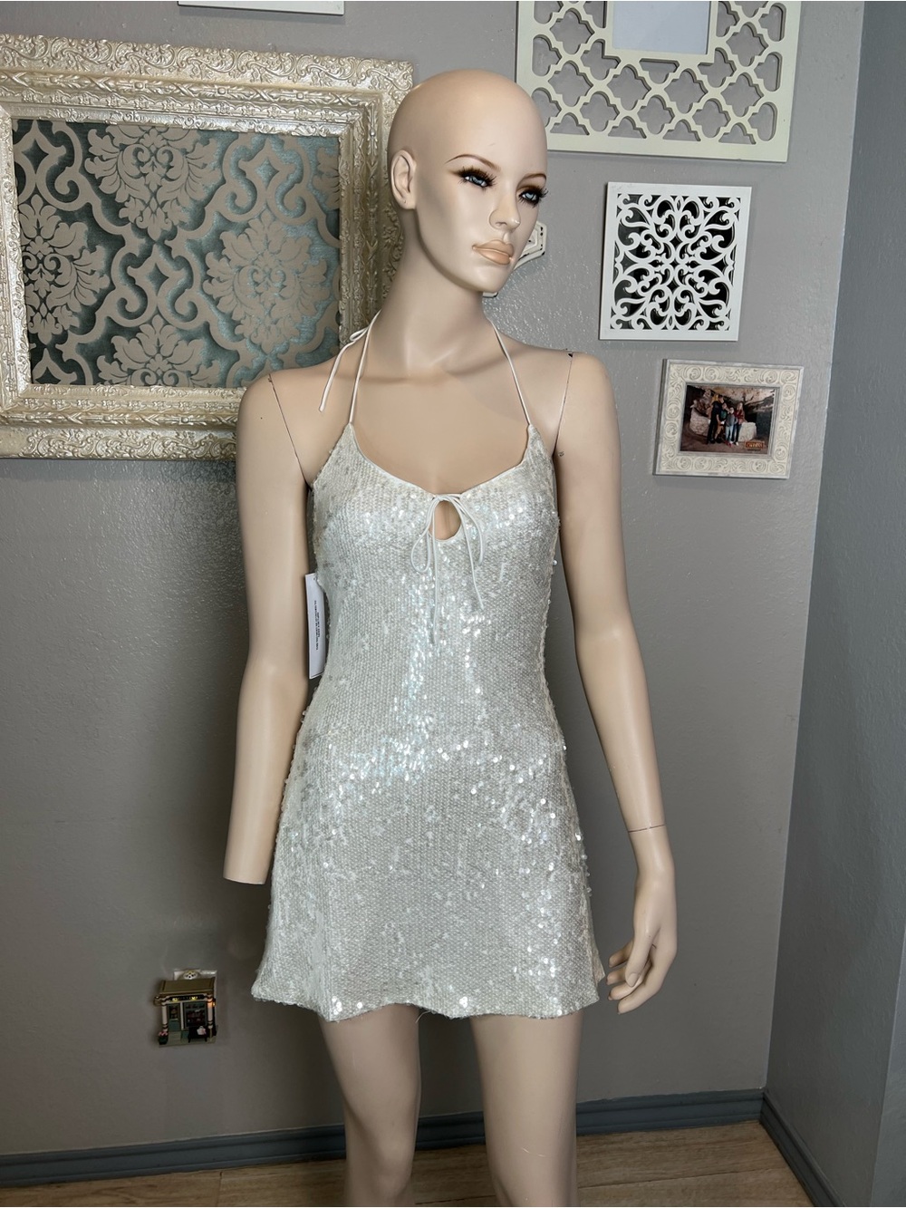 NWT Princess Polly Sequin Spaghetti Strap Mini Dress - white Silver - Picture 9 of 16